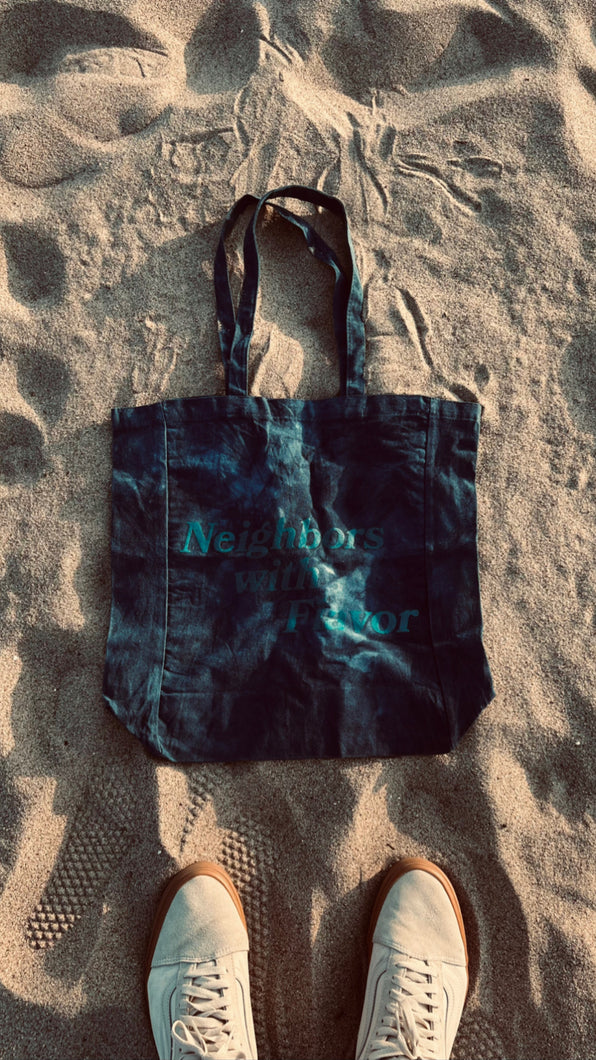 Neighbors with Flavor Tote bags. Indigo dyed or original available.